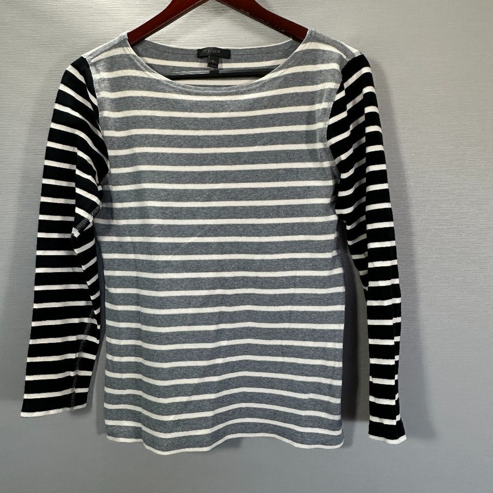 J Crew Top Womens Medium Stripe Knit Long Sleeve Pullover Boat Neck Gray Black